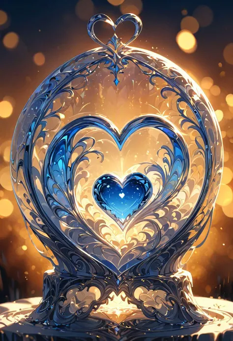 a beautiful transparent snow globe with a exquisite fragile iridescent blue and white frame, inside is a well crafted large blue glass heart, intricate details, masterpiece, award winning, rich, breathtaking, golden hour light, bokeh, atmospheric,