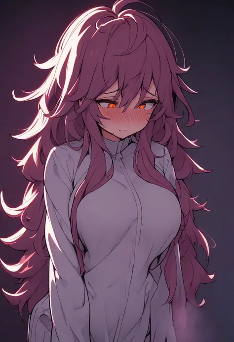 long messy magenta hair, orange pink eyes, shy, messy hair, magenta hair, waist length hair, long hair, solo, 1girl, big tits,, volumetric lighting, shy, unaestheticXL_bp5