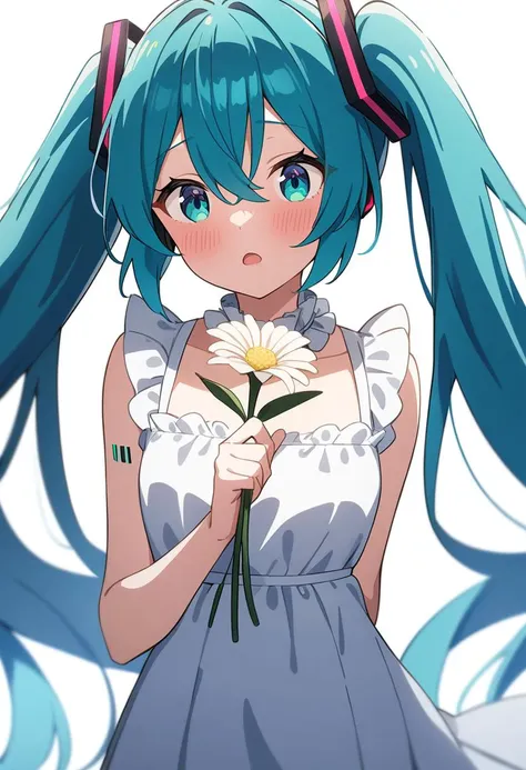 1girl, hatsune miku, solo, anime coloring,
twintails, blue hair, aqua eyes, white dress, frills, open mouth, blush, holding, flower, holding flower, arm behind back,
white background,
masterpiece, best quality, very aesthetic, absurdres,