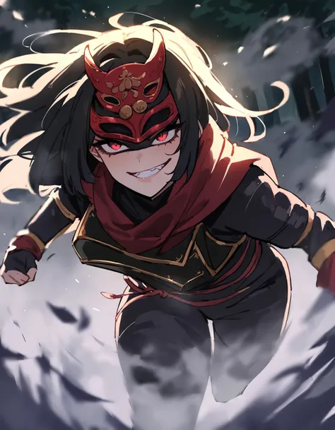 (close up, action shot), a female kunoichi, nija mask, full body ninja armor, dramatic,depth of field, wind effect, arms behind, fierce,wicked grin, calm, body portruding forward, (sprinting), running fast in a dense forest, (ninja run), ((face close to viewer)), at night, mist, fog, masterpiece, best quality, very aesthetic, absurdres,