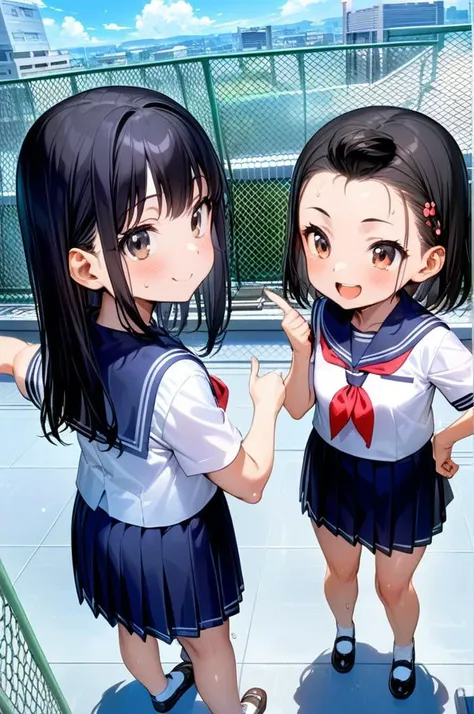 okujyou,outdoors,sunny,flare,building,chain-link fence,summer clouds,3girls,petite, rooftop, building,blackhair,from above, small breasts,pointing at away,sailor uniform,smile,sweat,<lora:XDetail_light:1.3>,masterpiece, best quality,ultra detailed <lora:gakkou_okujyou_SDXL_V1:0.7>