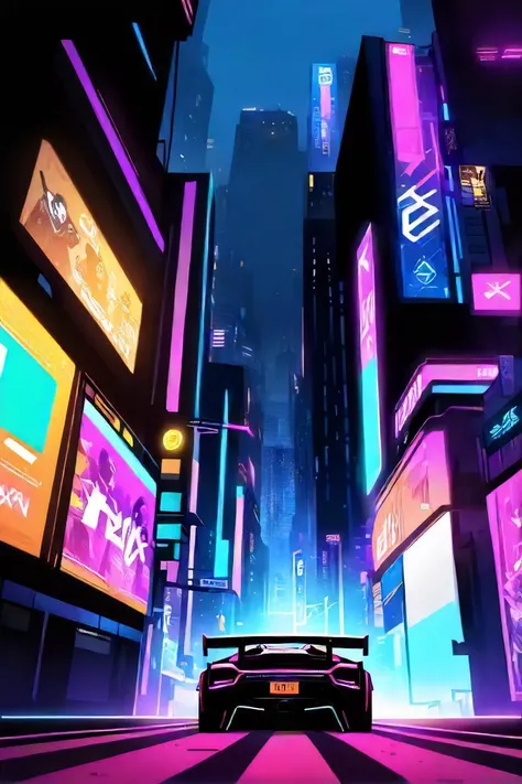toxicpunkai sport car in cyberpunk street city at night neons rain fog, detailed, intricate,outline,4k,masterpiece