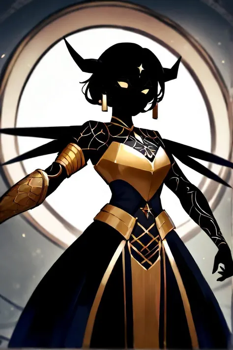 in the depths of a dimly lit room, a woman with black horns and wings takes center stage. her gaze is intense, her posture commanding as she stands confidently in her black and gold armor. the shadows dance around her, highlighting the intricate details of her attire. she wears large earrings that shimmer under the faint light, adding to her regal appearance. a tattoo snakes its way up her arm, hinting at a story yet untold. this artwork exudes a sense of mystery and power, reminiscent of craftcore aesthetics.