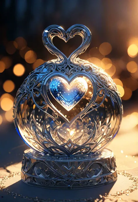 a beautiful transparent snow globe with a exquisite fragile iridescent blue and white frame, inside is a well crafted 3D blue glass heart, intricate details, masterpiece, award winning, rich, breathtaking, golden hour light, bokeh, atmospheric,