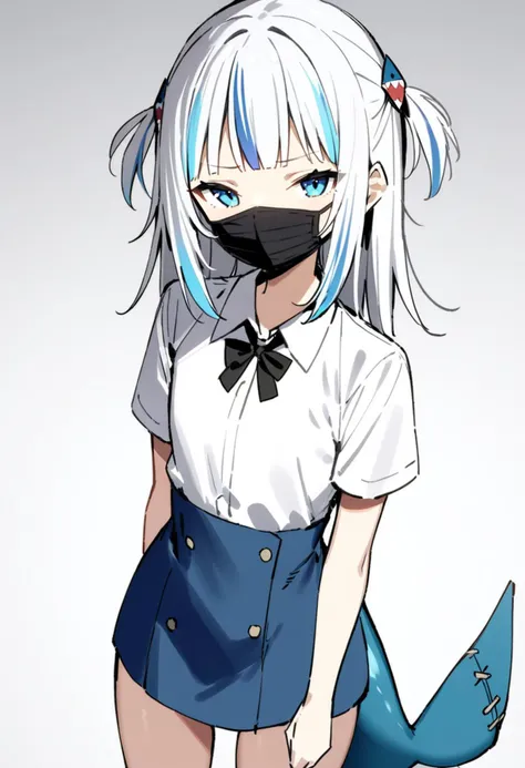 1girl, solo, gawr gura, sky-freedom,
white hair, blue eyes, streaked hair, white shirt, flat chest, collared shirt, mouth mask, black bowtie, miniskirt, short sleeves, shark tail,
white background,
masterpiece, best quality,