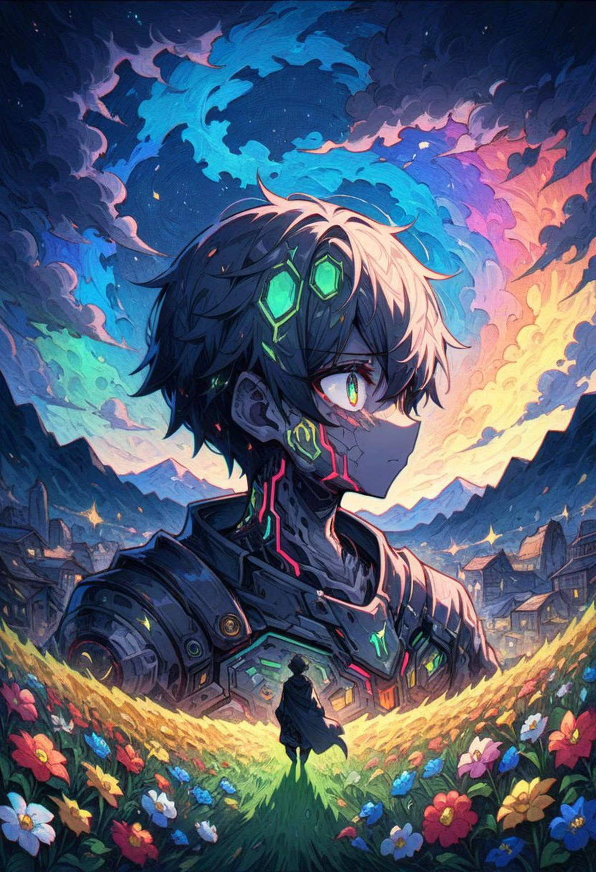 1boy, cyberpunk farm,young man, starry night, night, alone, rejected, sad, lofi, running at open field, surrended by colorful flowers, bamboom parallax masterpiece, best quality,, (highres:1.2), (ultra-detailed:1.2), (masterpiece:1.3), (best quality), highly quality, intricate details, (extremely detailed CG unity 8k wallpaper:1.2), best shadow, (extremely detailed fine touch:1.2), (high resolution), (8K), (extremely detailed), (4k), (pixiv), perfect face, nice eyes and face, (super detailed), detailed face and eyes, textured skin, absurdres, highres,