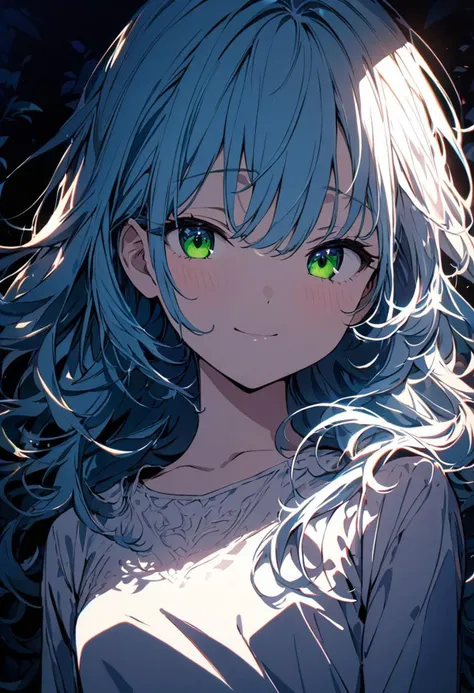 a beautiful blue haired girl, long messy hair, beautiful detailed deep green eyes, cute and beautiful face, shy smile, small breasts, white tank top, upper body view, colorful,
(masterpiece:1.2), (best quality:1.2), ultra-detailed, best shadow, detailed background, high contrast, (best illumination, an extremely delicate and beautiful), ((cinematic light)), hyper detail, dramatic light, intricate details, 8k, anime, very aesthetic,