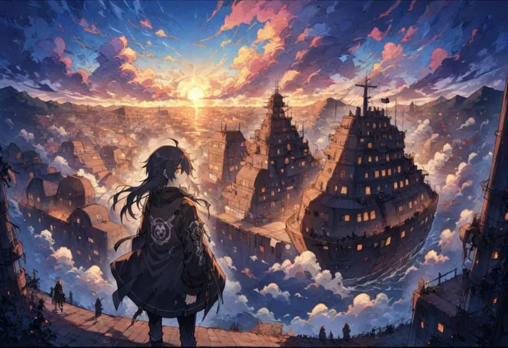 1boy, young man, emo man, gothic man, long hair, man as a korean gangster, cyberpunk steampunk inspired, airship at sky, above an industrial city, volumetric clouds, volumetric lighting,volumetric fog, colorful and vivid clouds with deep blue sky backdrop winter sunset,parallax masterpiece, best quality,, (highres:1.2), (ultra-detailed:1.2), (masterpiece:1.3), (best quality), highly quality, intricate details, (extremely detailed CG unity 8k wallpaper:1.2), best shadow, (extremely detailed fine touch:1.2), (high resolution), (8K), (extremely detailed), (4k), (pixiv), perfect face, nice eyes and face, (super detailed), detailed face and eyes, textured skin, absurdres, highres,