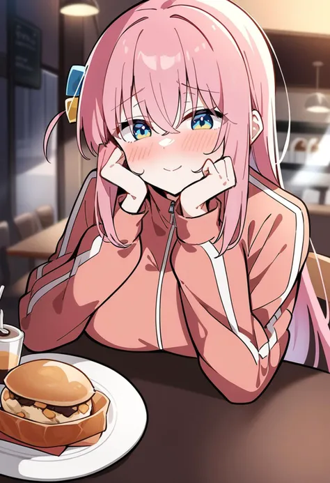 1girl, solo, gotoh hitori, bocchi the rock!,
long hair, pink hair, blue eyes, large breasts, track jacket, seductive smile, hands on own cheeks,
cafe, food, table,
masterpiece, best quality, very aesthetic, absurdres,