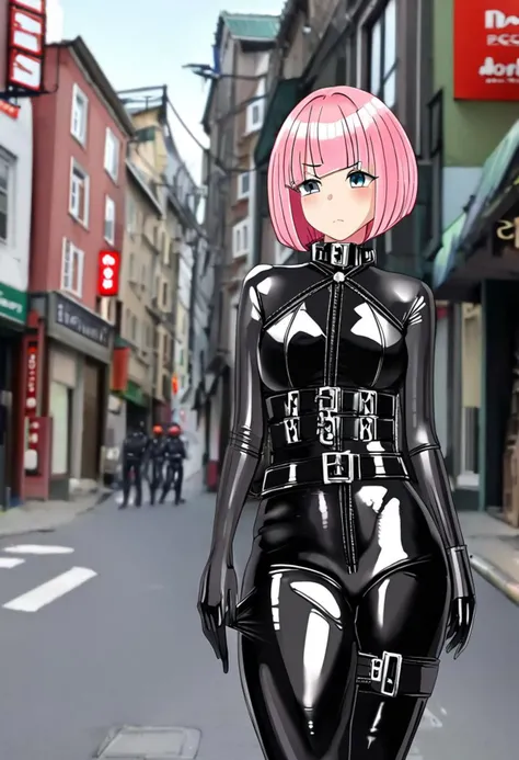 A cute woman with a shot bob cut, pink hair, wearing a closed shiny black catsuit, gloves, a corset with buckles. closed latex catsuit, tight sleeves, fetish wear, buckles, bdsm wear. standing in a street,