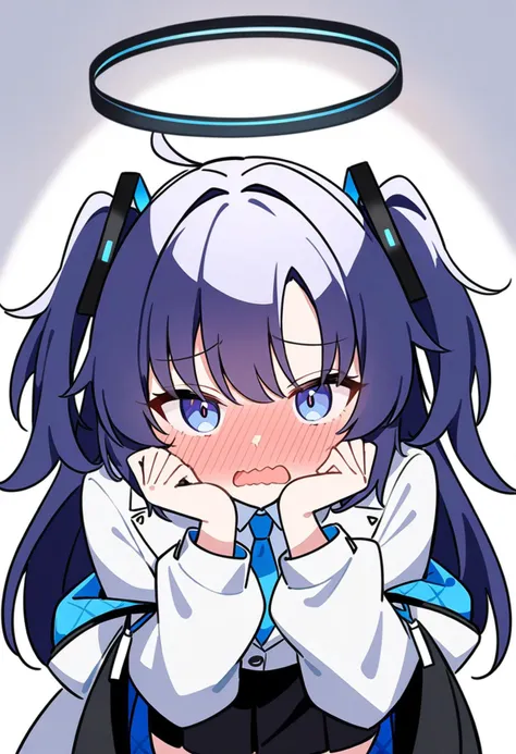 1girl, yuuka /(blue archive/), blue archive, ahoge, blush, embarrassed, full-face blush, hands on own cheeks, hands on own face, hands up, looking at viewer, nose blush, open mouth, solo, two side up, wavy mouth, hair ornament,
masterpiece, best quality, very aesthetic, absurdres,