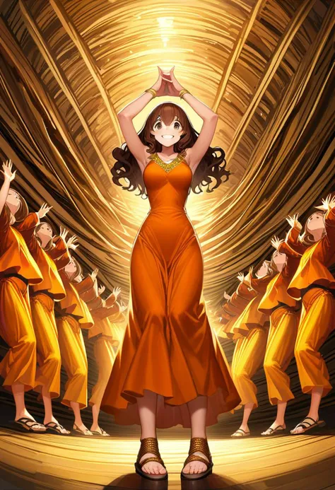 "Dance with me" Sexy anime with (orange indian dress with pailettes higly detailed:1.10), (dancing in the middle of the crowd:1.05), (medium breast:1.05), (breast covered:1.10), full-body, legs dancing pose, looking at you, indian hair, (thick dark brown wavy hair until mid-thigs:1.10), dark brown eyes, big eyes, wide smile, white teeth, (woven sandals:1.10), (hands palms pose rises up:1.10), (inside a visible hut highly detailed:1.05),