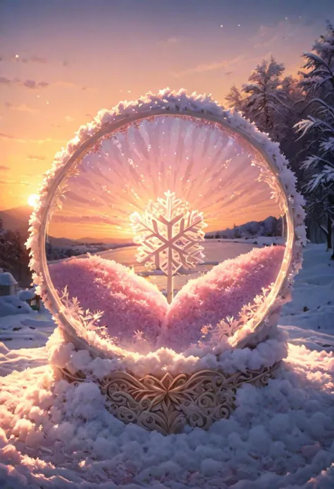 a beautiful transparent snow globe with a exquisite fragile iridescent purple and white frame, inside is a very large well crafted cherry blossom pink coloured (((snow flake))), intricate details, masterpiece, award winning, rich, breathtaking, golden hour light, bokeh, atmospheric,