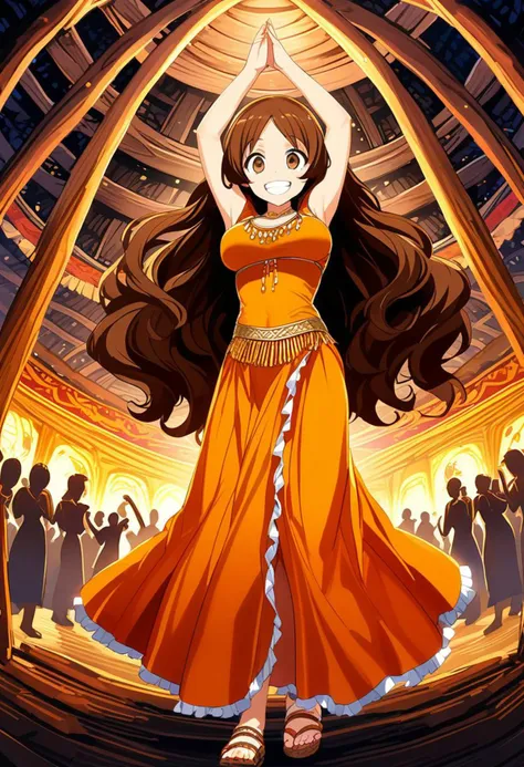 "Dance with me" (Female focus:1.05) Sexy anime indian with (orange indian dress with pailettes higly detailed:1.10), (dancing in the middle of the crowd:1.05), (medium breast:1.05), (breast covered:1.10), full-body, legs dancing pose, looking at you, indian hair, (thick dark brown wavy hair until mid-thigs:1.10), dark brown eyes, big eyes, wide smile, white teeth, (woven sandals:1.10), (medium nails), (hands palms pose rises up:1.10), (inside a visible hut highly detailed with a bonfire in the center and happy visible people:1.10)