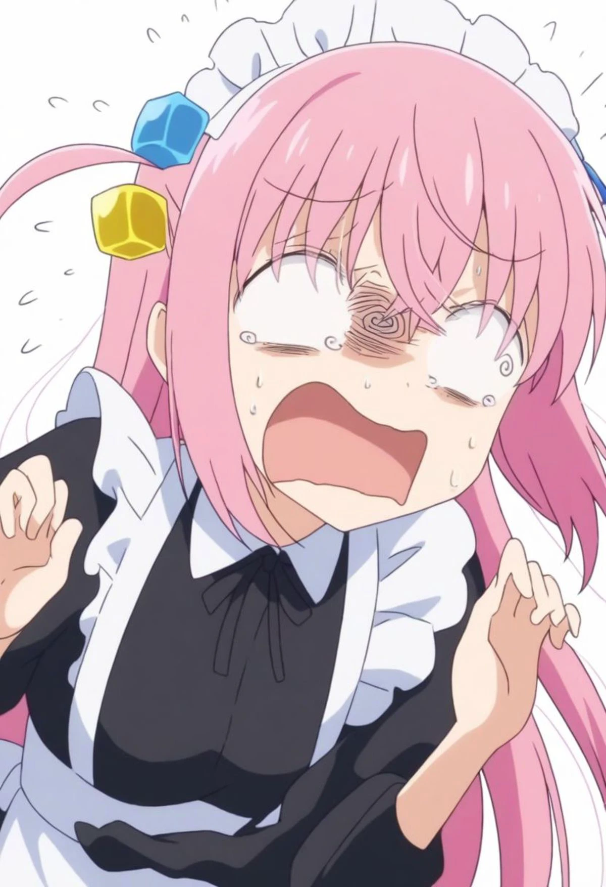 PEOPShockedFace, shocked face, eyes popping out, mouth open, anime, cartoon, 1girl, gotoh hitori, @_@, bocchi the rock!, black dress, blue eyes, cflustered, cube hair ornament, maid apron, hands up, maid headdress, panicking, sweatdrop, pink hair, solo, upper body, dynamic angle, white background, score_9, score_8_up, score_7_up
