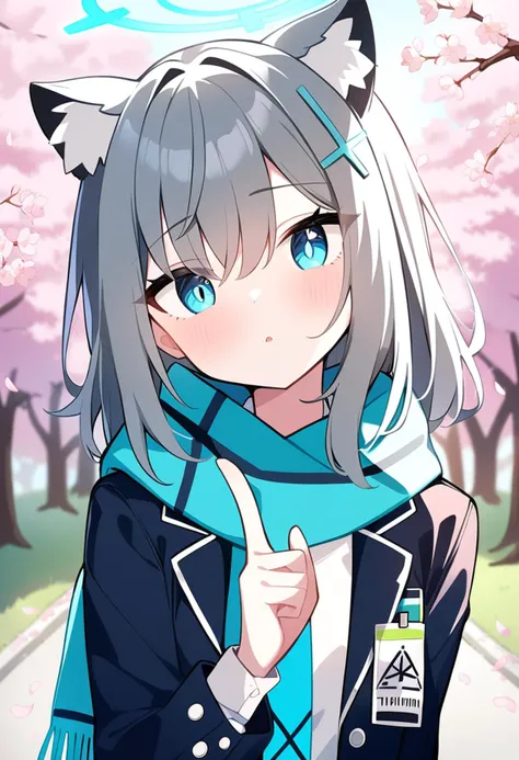 1girl, shiroko \(blue archive\), blue archive, bow, eyelashes, furrowed brow, hair between eyes, hand up, jacket, looking at viewer, jacket, scarf, scrunchie, sidelocks, simple outdoors, solo, head tilt, index finger raised, cherry blossoms, animal ears,
masterpiece, best quality, very aesthetic, absurdres,