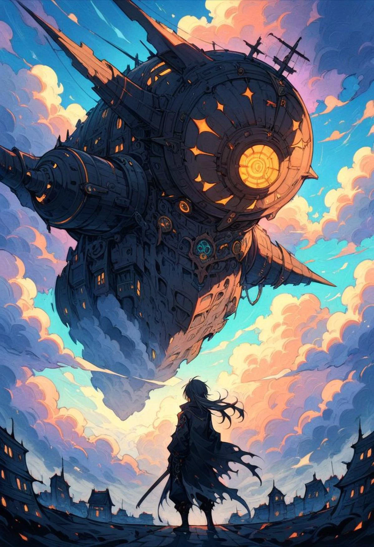 1boy, young man, emo man, gothic man, long hair, man as a korean cyberpunk samurai steampunk inspired, fighting at airship in the skies, volumetric clouds, volumetric lighting,volumetric fog, colorful and vivid clouds with deep blue sky backdrop,parallax masterpiece, best quality,, (highres:1.2), (ultra-detailed:1.2), (masterpiece:1.3), (best quality), highly quality, intricate details, (extremely detailed CG unity 8k wallpaper:1.2), best shadow, (extremely detailed fine touch:1.2), (high resolution), (8K), (extremely detailed), (4k), (pixiv), perfect face, nice eyes and face, (super detailed), detailed face and eyes, textured skin, absurdres, highres,