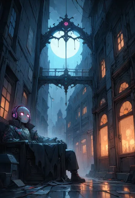 1boy,man,3D,neon,fog,night,alone,rejected,sad,neon headphone,sitting,crying,lone street cross a creepy old house with one lamp turned on, dim lighting, cyberpunk steampunk inspired, masterpiece, best quality,, (highres:1.2), (ultra-detailed:1.2), (masterpiece:1.3), (best quality), highly quality, intricate details, (extremely detailed CG unity 8k wallpaper:1.2), best shadow, (extremely detailed fine touch:1.2), (high resolution), (8K), (extremely detailed), (4k), (pixiv), perfect face, nice eyes and face, (super detailed), detailed face and eyes, textured skin, absurdres, highres,