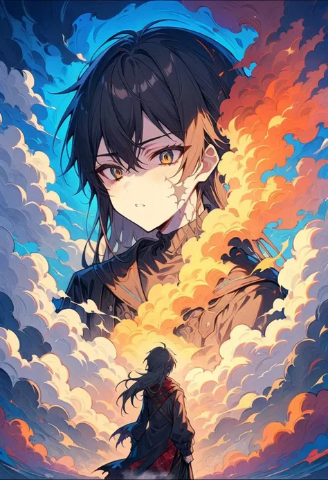 1boy, young man, emo man, gothic man, long hair, man as a korean lumberjack, volumetric clouds, volumetric lighting,volumetric fog, colorful and vivid clouds with deep blue sky backdrop,parallax masterpiece, best quality,, (highres:1.2), (ultra-detailed:1.2), (masterpiece:1.3), (best quality), highly quality, intricate details, (extremely detailed CG unity 8k wallpaper:1.2), best shadow, (extremely detailed fine touch:1.2), (high resolution), (8K), (extremely detailed), (4k), (pixiv), perfect face, nice eyes and face, (super detailed), detailed face and eyes, textured skin, absurdres, highres,
