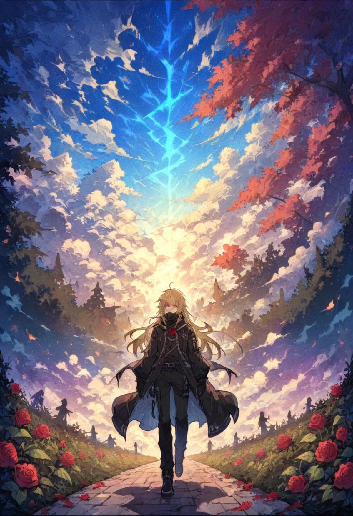 1boy, young man, emo man, gothic man, long hair, blond hair, red eyes, man as a korean knight cyberpunk steampunk inspired,fairy forest with red roses pathway, colorful leaves and leaf at wind,neon purple and blue lighting, volumetric clouds, volumetric lighting,volumetric fog, colorful and vivid clouds with deep blue sky backdrop winter cloudy day,parallax masterpiece, best quality,, (highres:1.2), (ultra-detailed:1.2), (masterpiece:1.3), (best quality), highly quality, intricate details, (extremely detailed CG unity 8k wallpaper:1.2), best shadow, (extremely detailed fine touch:1.2), (high resolution), (8K), (extremely detailed), (4k), (pixiv), perfect face, nice eyes and face, (super detailed), detailed face and eyes, textured skin, absurdres, highres,