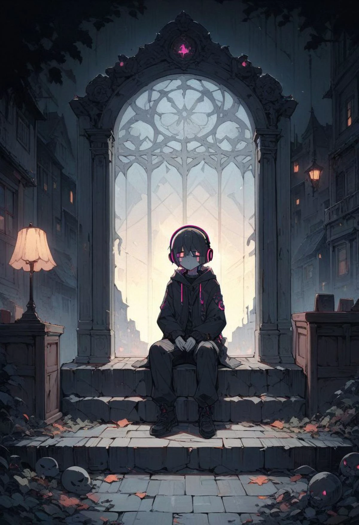 1boy,young man,3D,neon,fog,night,alone,rejected,sad,neon headphone,sitting,crying,lone street cross a creepy old house with one lamp turned on, dim lighting, lofi,modern, masterpiece, best quality,, (highres:1.2), (ultra-detailed:1.2), (masterpiece:1.3), (best quality), highly quality, intricate details, (extremely detailed CG unity 8k wallpaper:1.2), best shadow, (extremely detailed fine touch:1.2), (high resolution), (8K), (extremely detailed), (4k), (pixiv), perfect face, nice eyes and face, (super detailed), detailed face and eyes, textured skin, absurdres, highres,