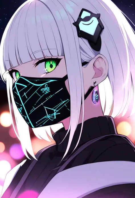 futobot,goth_punk, 1girl, solo, medium shot, walking in harajuku, ((night time)), bokeh, neon light, iridescent eyes, starry sky, white shimmer hair, white eyebrow, glowing hair, (iridescent white hair), earrings, bangs, jewelry, mask, blunt bangs, green eyes, mouth mask, blurry background, blurry, hair ornament, looking at viewer, short hair, portrait, sidelocks <lora:Gothpunk:1> <lora:Futuristicbot4:0.65>