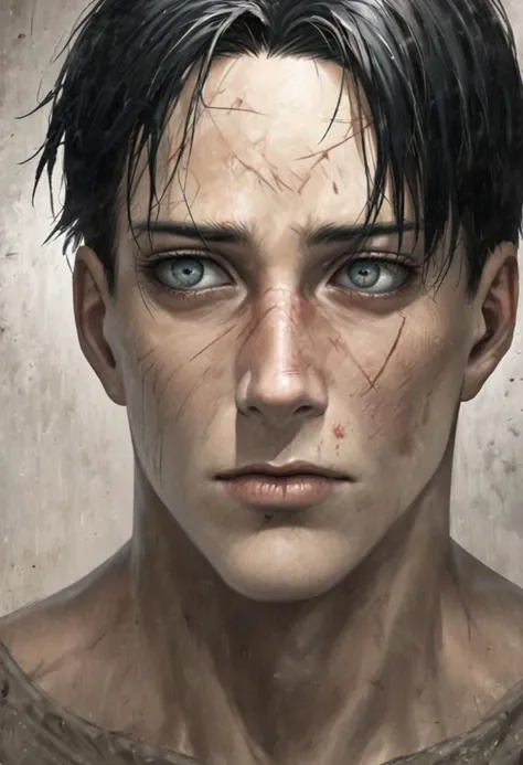 A realistic and hyper-realistic portrait of Levi Ackerman from Attack on Titan, post-season 4 and his grievous injury. On the right side of his face, he has a scar that starts on his forehead and runs down his face all the way to his chin. His right eye is a milky white, damaged by the injury that left the scar. Levi has short black hair in a curtained style, his good eye is grey-colored and small and narrow. He has a small nose. He has sharp features and a narrow and pointy chin. Good looking. Handsome. Sad.