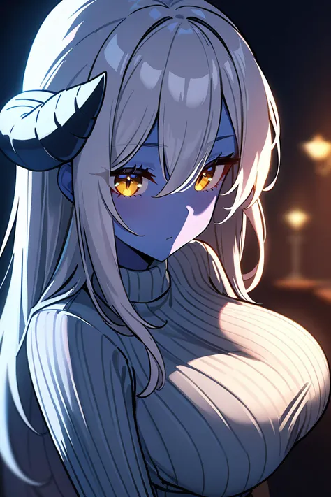 1girl, solo, mature female, (colored skin: 1.1), (blue skin: 1.2), (large breasts), curled horns, white hair, straight hair, long hair, yellow eyes, (ribbed sweater, black skirt),
absurdres, (masterpiece, best quality), (perfect face, perfect eyes), (extremely detailed beautiful eyes), ambient soft lighting, 4K, perfect lighting,