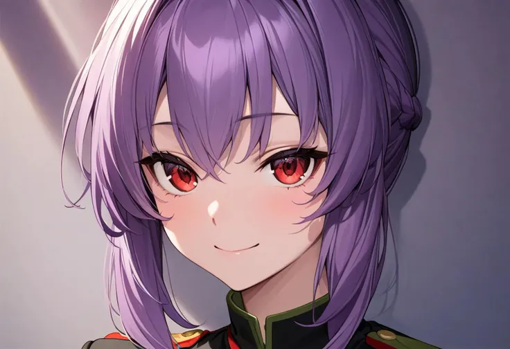 (masterpiece),(best quality),(ultra-detailed),(best illustration),(best shadow),(absurdres),(detailed background),(very aesthetic), hiiragi_shinoa, purple hair, red eyes, smile, military uniform, close up, portrait,