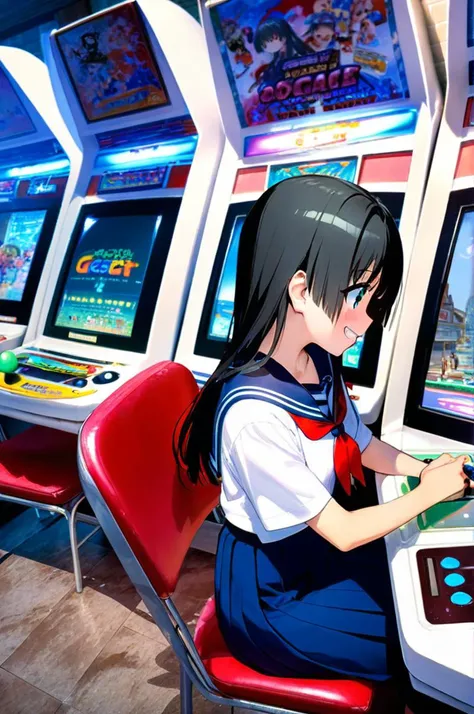 girl, ite,saten ruiko,street,town,sailor uniform,white shirt,wind,teeth,smile,red ribbon,game_center, japan, arcade cabinet, chair, indoors, poster (object),sitting,playing game,<lora:game_center_SDXL_V1:0.7><lora:XDetail_light:1>, masterpiece,best quality