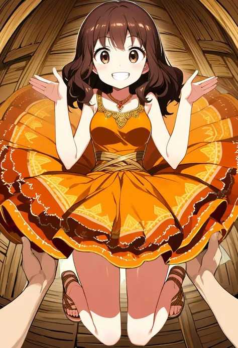 "Dance with me" Sexy anime with (orange indian dress with pailettes higly detailed:1.10), (dancing in the middle of the crowd:1.05), (medium breast:1.05), (breast covered:1.10), full-body, legs dancing pose, looking at you, indian hair, (thick dark brown wavy hair until mid-thigs:1.10), dark brown eyes, big eyes, wide smile, white teeth, (woven sandals:1.10), (hands palms pose rises up:1.10), (inside a visible hut highly detailed:1.05), pov