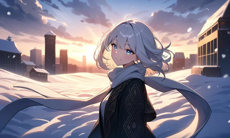 absurdres, (masterpiece, best quality), (perfect face, perfect eyes), (extremely detailed beautiful eyes), ambient soft lighting, 4K, perfect lighting,
1girl, solo, from side, upper body, white hair, short hair, floating hair, scarf, smile, intricate coat, (snowfield), sky, cloudy sky, building, sunlight, sun