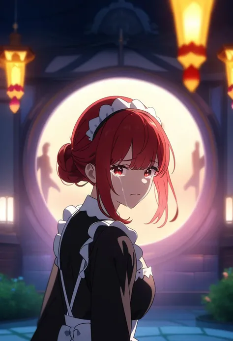 1girl, maid uniform, medium shoot, young, crying, long red hair, dark red eyes, looking at viewer, colorful, at garden, evening, Still, Cinematic Lighting, sensitive, masterpiece, best quality, very aesthetic, absurdres