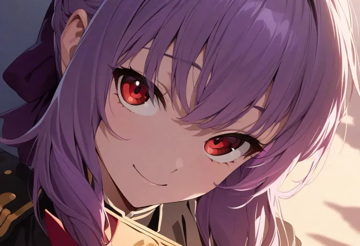 (masterpiece),(best quality),(ultra-detailed),(best illustration),(best shadow),(absurdres),(detailed background),(very aesthetic), hiiragi_shinoa, purple hair, red eyes, smile, military uniform, close up, portrait,