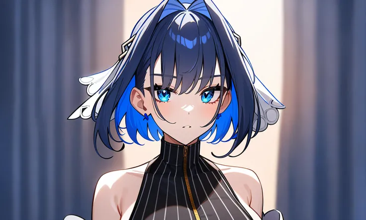 1girl, solo, ouro kronii, hololive english, looking at viewer, upper body, short hair, blue hair, blue eyes, large breasts, masterpiece, best quality,