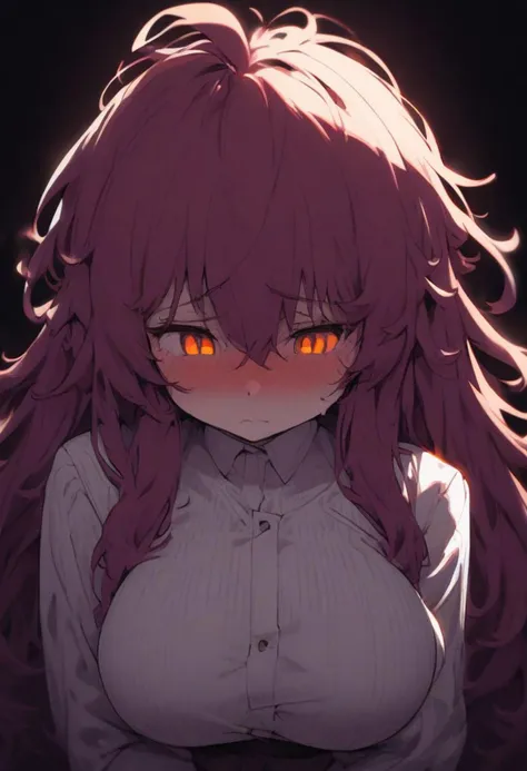 long messy magenta hair, orange pink eyes, shy, messy hair, magenta hair, waist length hair, long hair, solo, 1girl, big tits,, volumetric lighting, shy, unaestheticXL_bp5