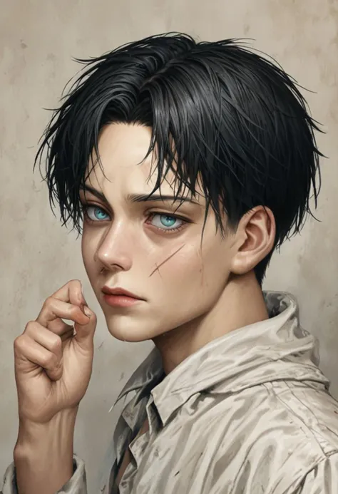 A realistic and hyper-realistic portrait of Levi Ackerman from Attack on Titan, post-season 4 and his grievous injury. On the right side of his face, he has a scar that starts on his forehead and runs down his face all the way to his chin. His right eye is a milky white, damaged by the injury that left the scar. Levi has short black hair in a curtained style, his good eye is grey-colored and small and narrow. He has a small nose. He has sharp features and a narrow and pointy chin. Good looking. Handsome. Sad.