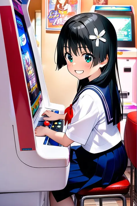 girl, ite,saten ruiko,street,town,sailor uniform,white shirt,wind,teeth,smile,red ribbon,game_center, japan, arcade cabinet, chair, indoors, poster (object),<lora:game_center_SDXL_V1:0.7><lora:XDetail_light:1>, masterpiece,best quality