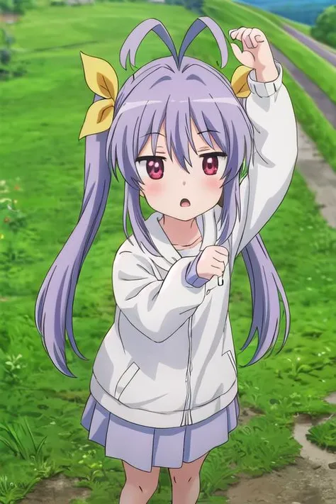 masterpiece, best quality,ultra detail,<lora:GoodHands-vanilla:0.8> <lora:anmnr01:0.3> <lora:add_detail:0.5>,1girl,from above, miyauchi_renge_nonnonbiyori <lora:miyauchi_renge_nonnonbiyori:0.7>,outdoor,country road,dynamic pose,jitome,open mouth,