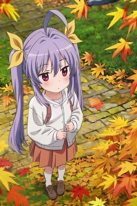 masterpiece, best quality,ultra detail,<lora:GoodHands-vanilla:0.8> <lora:anmnr01:0.3> <lora:add_detail:0.5>,1girl,from above, petite,miyauchi_renge_nonnonbiyori <lora:miyauchi_renge_nonnonbiyori:0.7>,outdoor,country road,autumn leaves,cinematic angle,autumn