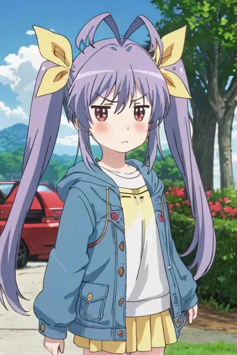best quality, masterpiece, highres, solo, {miyauchi_renge_nonnonbiyori:1.15}, purple_hair, red_eyes, long_hair, twintails, ribbon, hair_ribbon, blush, antenna_hair, yellow_ribbon, hair_between_eyes, 1girl, day, hat, outdoors, sky, bow, cloud, hair_bow, parody, :<, frown, looking_at_viewer, tree, anime_coloring, yellow_bow