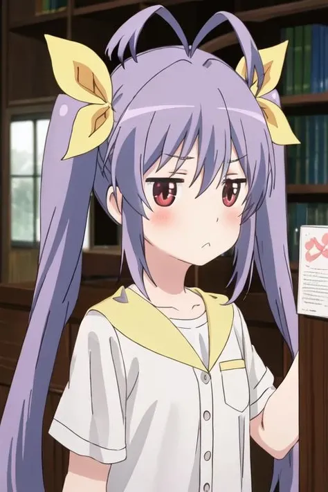 best quality, masterpiece, highres, solo, {miyauchi_renge_nonnonbiyori:1.15}, purple_hair, red_eyes, long_hair, twintails, ribbon, hair_ribbon, blush, antenna_hair, yellow_ribbon, hair_between_eyes, 1girl, shirt, bangs, closed_mouth, upper_body, :<, looking_at_viewer