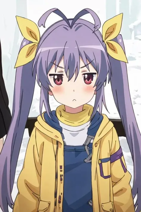 best quality, masterpiece, highres, solo, {miyauchi_renge_nonnonbiyori:1.15}, purple_hair, red_eyes, long_hair, twintails, ribbon, hair_ribbon, blush, antenna_hair, yellow_ribbon, hair_between_eyes, 1girl, :<, anime_coloring, parody, portrait
