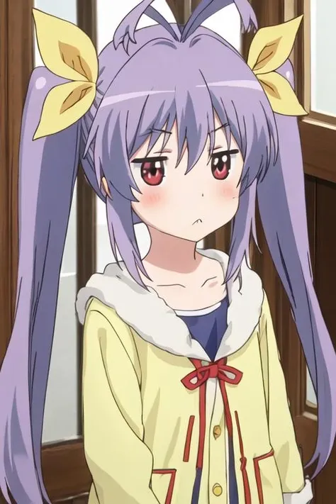 best quality, masterpiece, highres, solo, {miyauchi_renge_nonnonbiyori:1.15}, purple_hair, red_eyes, long_hair, twintails, ribbon, hair_ribbon, blush, antenna_hair, yellow_ribbon, hair_between_eyes, 1girl, collarbone, hair_bobbles, hair_ornament, upper_body, anime_coloring, :<, parody