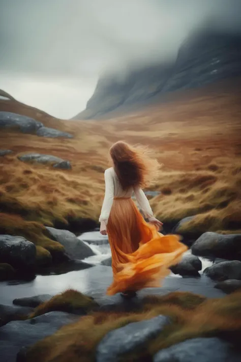 <lora:Elizabeth Gadd Style:1>Elizabeth Gadd Style - a girl with long hair standing in mountain landscape, in the style of elizabeth gadd, adrian donoghue, pinhole photography, graceful movements, anthony van dyck, white and amber, playful and whimsical imagery