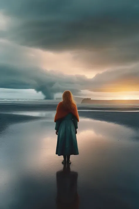 <lora:Elizabeth Gadd Style:1>Elizabeth Gadd Style - woman figurine standing alone on the desolate beach at sunset Iceland storm hyper realistic long shot full frame landscape deep colors