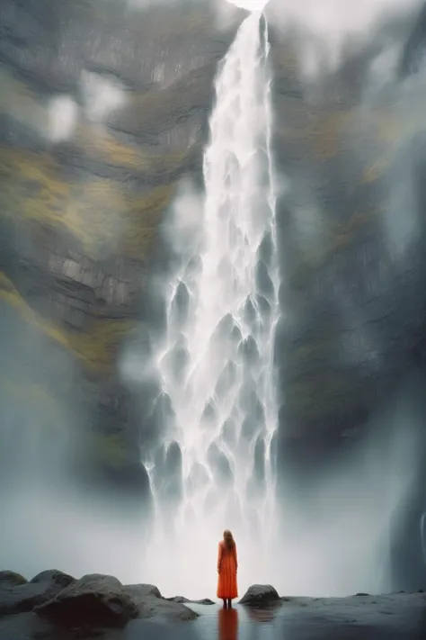 <lora:Elizabeth Gadd Style:1>Elizabeth Gadd Style - Drawing on the ethereal qualities found in Elizabeth Gadd's work, use the Nikon AF-S NIKKOR 14-24mm f/2.8G ED lens to frame a single individual gazing up at the awe-inspiring mountain waterfall. Their tiny figure should provide a sense of scale and highlight the incredible grandeur of the natural world.