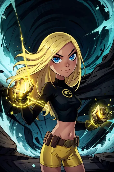 ((masterpiece,best quality)), absurdres, <lora:Terra:0.8>,  Terra, 1girl, solo, long hair, blonde hair, blue eyes, black shirt, gloves, yellow shorts, midriff, belt, smile, smug, looking at viewer, cowboy shot, floating hair, yellow energy, floating rocks, details eyes, clenched fist, glowing hands, wide hips, curvy,, <lora:Aura_v1:0.3>, Aura, energy, glowing, swirling energy, dynamic pose,