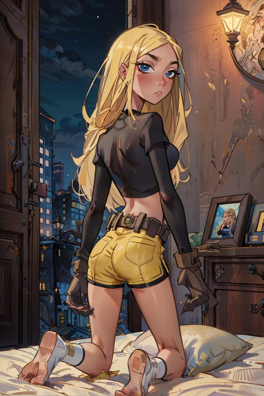 Terra, long blonde hair, blue eyes, black shirt, gloves, yellow shorts, midriff, belt, white socks, looking at viewer, serious, embarrassed, blush, kneeling, from_behind, ass, on large bed, fancy bedroom, night time, high quality, masterpiece <lora:Terra:.6>