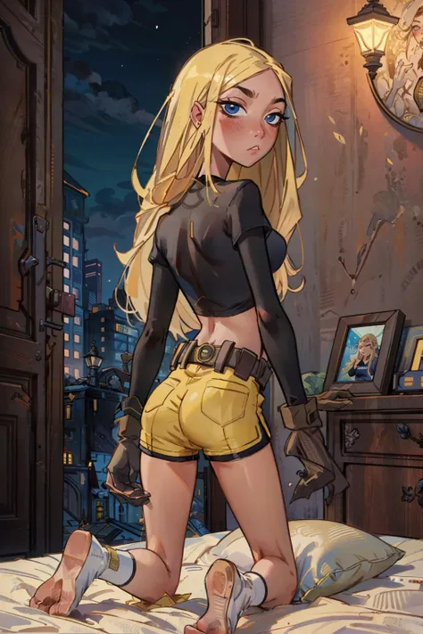 Terra, long blonde hair, blue eyes, black shirt, gloves, yellow shorts, midriff, belt, white socks, looking at viewer, serious, embarrassed, blush, kneeling, from_behind, ass, on large bed, fancy bedroom, night time, high quality, masterpiece <lora:Terra:.6>